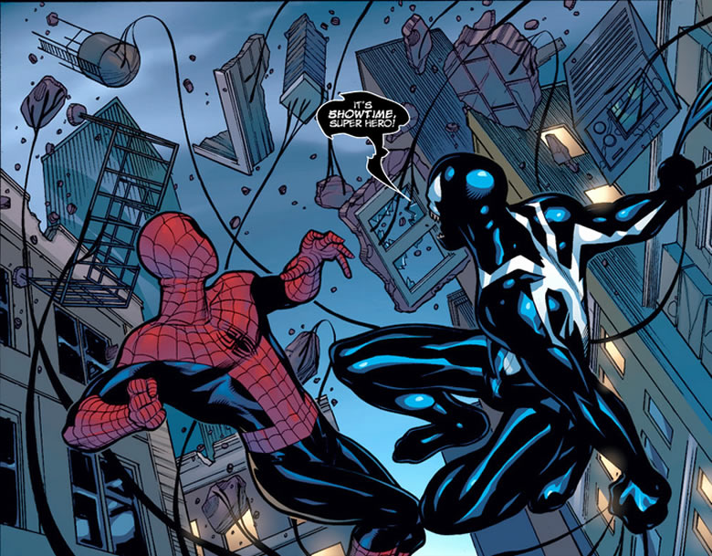 venom rains down debris on new york city as spider-man looks on