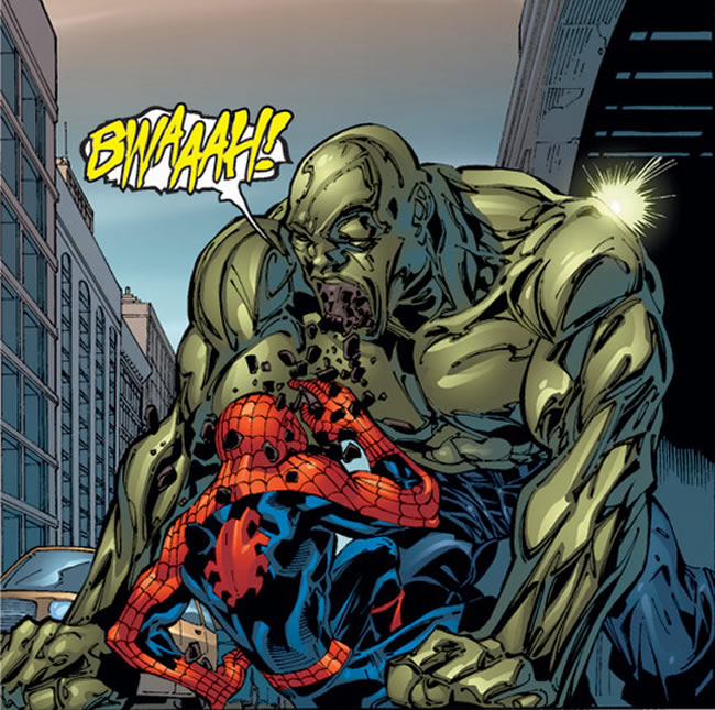 absorbing man throws up on spider-man