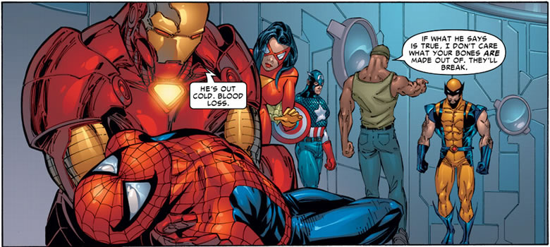 avengers around an unconscious spider-man