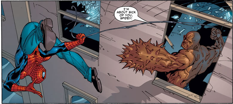 spider-man taking on absorbing man while still wearing civilian pants.