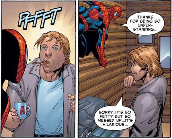 hank pym spews coffee
					at spider-man