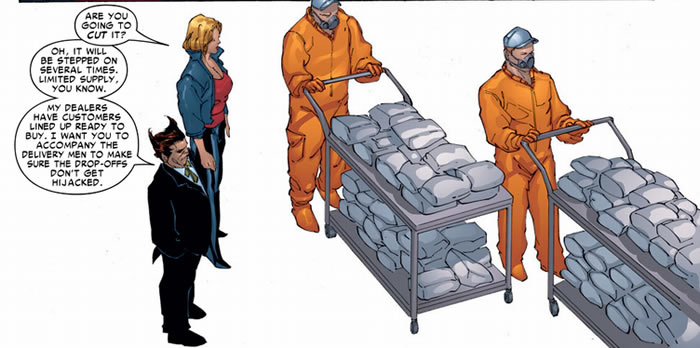 the owl, mystery woman, two henchmen and a cart of cocaine kilos that used to be absorbing man