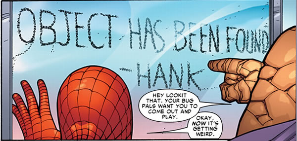 ant man's ants forming a message for spider-man