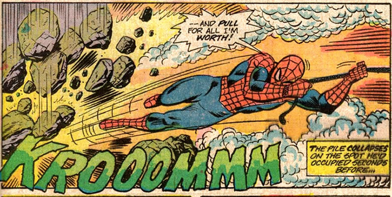 spider-man escapes from underneath some rubble
