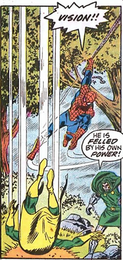 the vision falls while spider-man swings overhead
