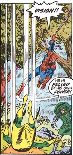 the vision falls while
					spider-man swings overhead