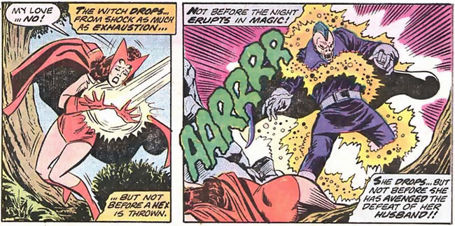 scarlet witch hits
					the dark rider with a hex bolt