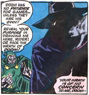 doctor doom threatens
					the dark rider