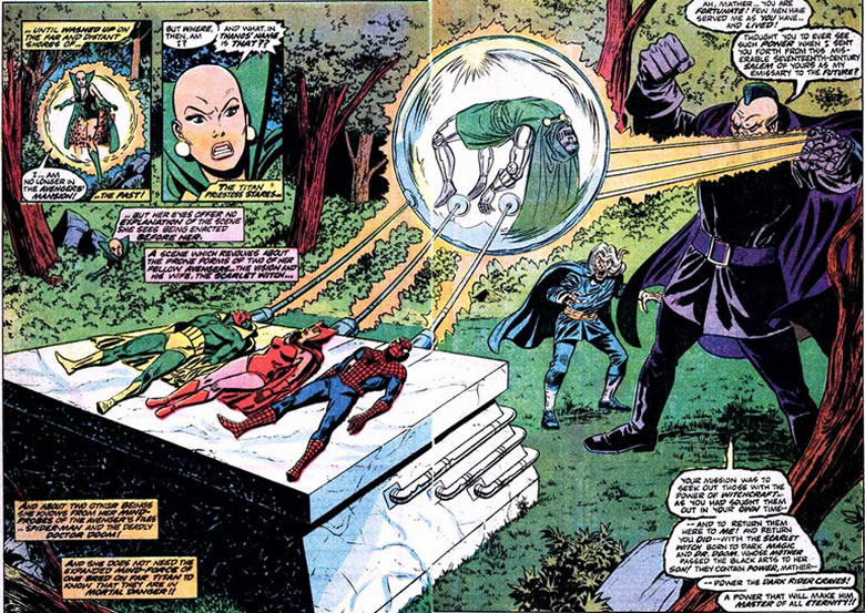 moondragon comes upon
					the dark rider holding spider-man, scarlet witch, doctor doom, and the vision hostage