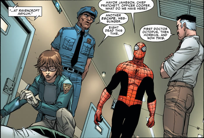 spider=man, jameson
					and a police team inside ravencroft asylum