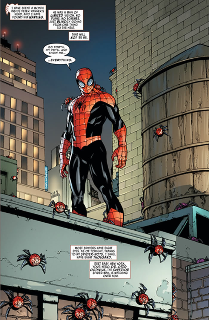 spider-man 
					on a rooftop with spider bots