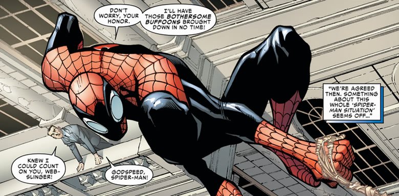 spider-man swinging away from j. jonah jameson.