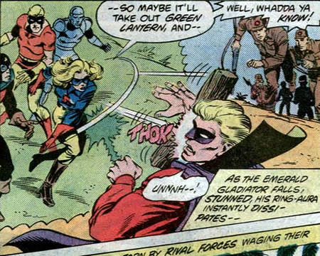 liberty belle takes out green lantern with a piece of wood