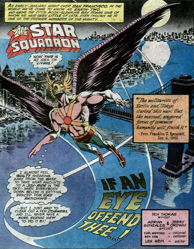 hawkman flies over the city