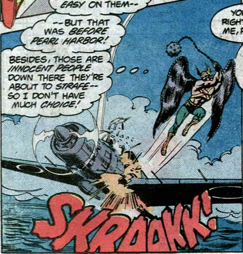 hawkman attacks a fighter plane with a mace