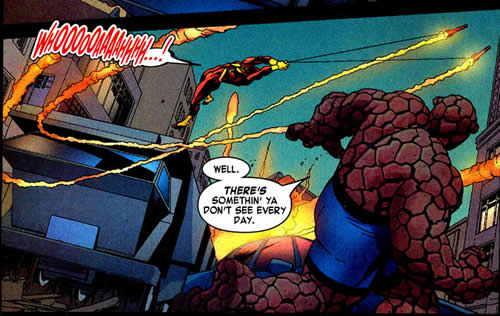 spider-man catches some missiles as the thing watches