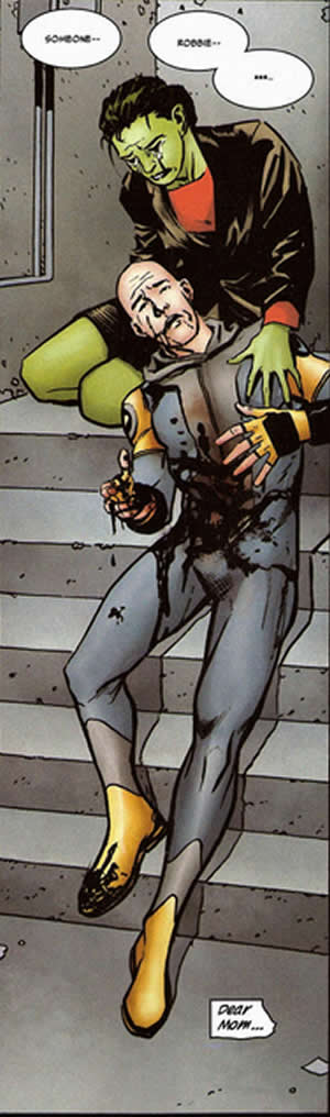 robbie shot on the ground being supported by she-hulk