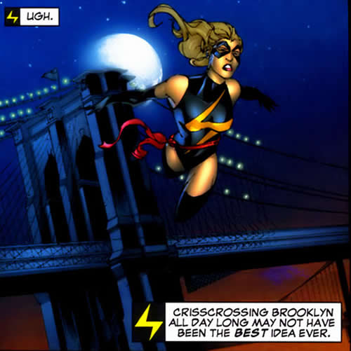 ms. marvel flying beside the brooklyn bridge