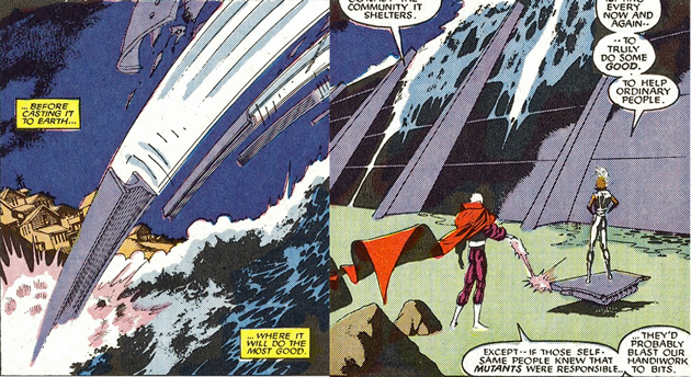 magneto creates a wall to protect a town from the sea