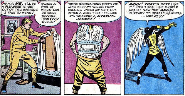 the angel hides his wings under his clothes