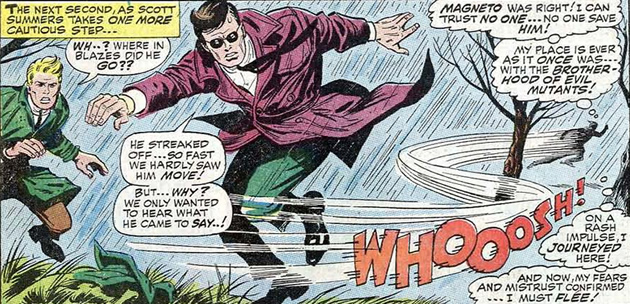 cyclops at the foreground with quicksilver streaking past