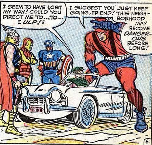 the avengers ask directions from a startled motorist