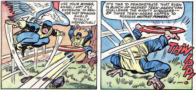 angel dodges, and beast, catches cap's shield