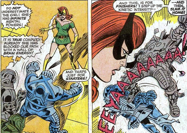 marvel girl destroys some robots