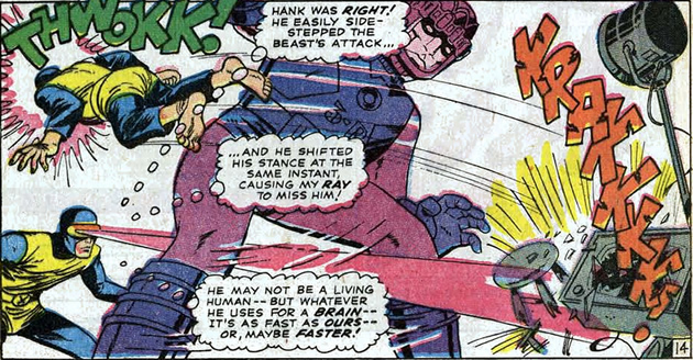 cyclops tries his optic blasts against a sentinel and misses