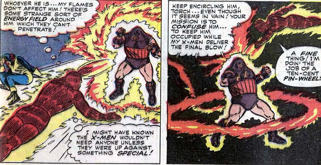the human torch attacks the juggernaut