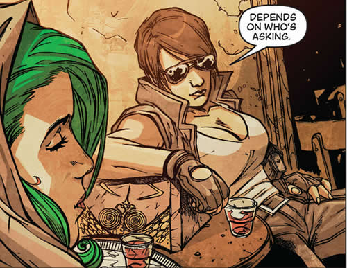 aphrodite talking to alina enstrom in a bar