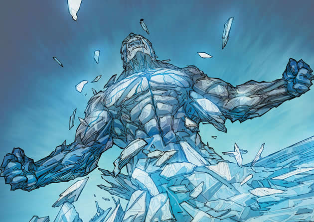 finnegan changes into an ice giant and breaks out of the water