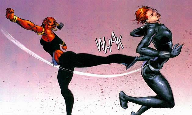 a wakandan warrior tussles with black widow