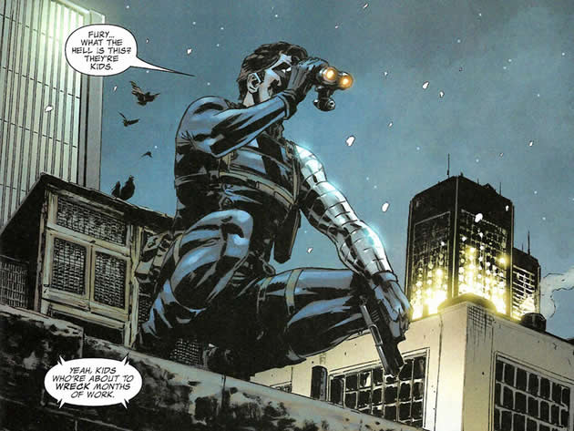 bucky crouched on a rooftop