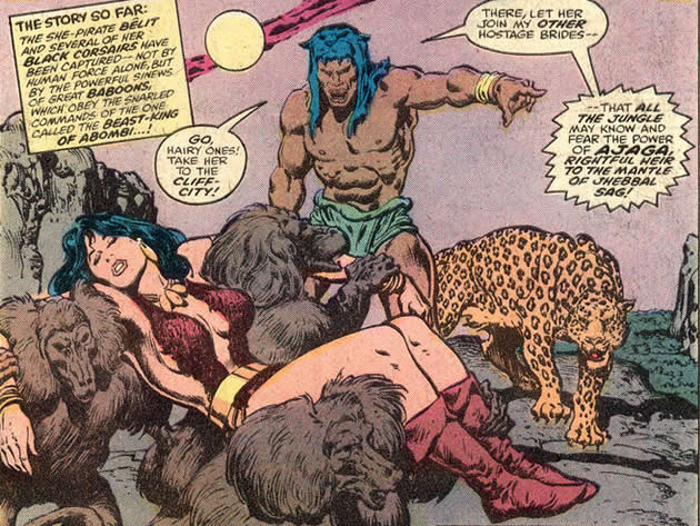 an unconscious belit carried by babboons under the command of ajaga