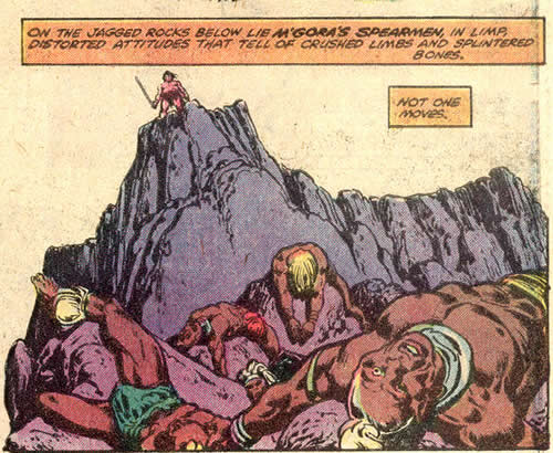 conan looks down on a cliff with a lot of dead crew