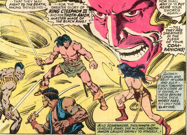 conan, belit, zula and mgora ensorcelled and forced to fight each other