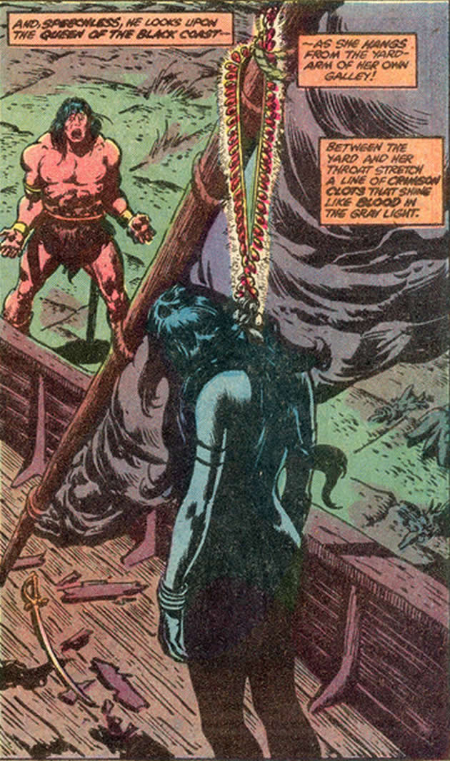 conan looks up to see belit hanging from the mast
