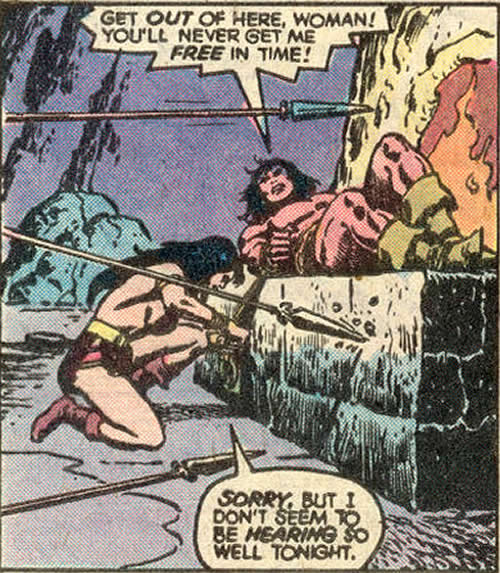 belit rescues conan amidst a hail of spears