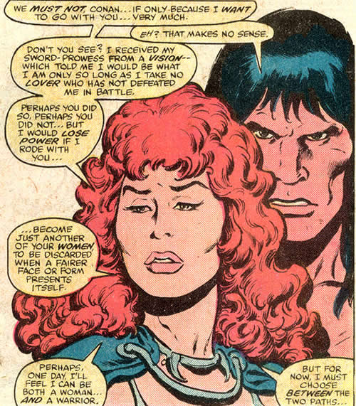 red sonja chooses between being  warrior and being the mate of conan