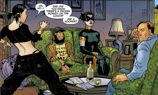 black alice looks on as nightshade and detective chimp are frozen on the couch