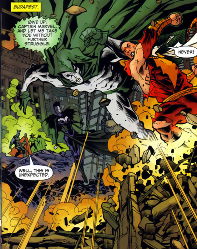the shadowpact look on as captain marvel fights the spectre