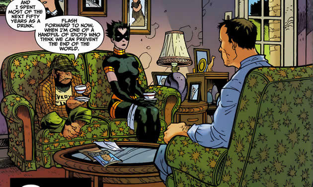 nightshade and detective chimp in black alice's father's living room