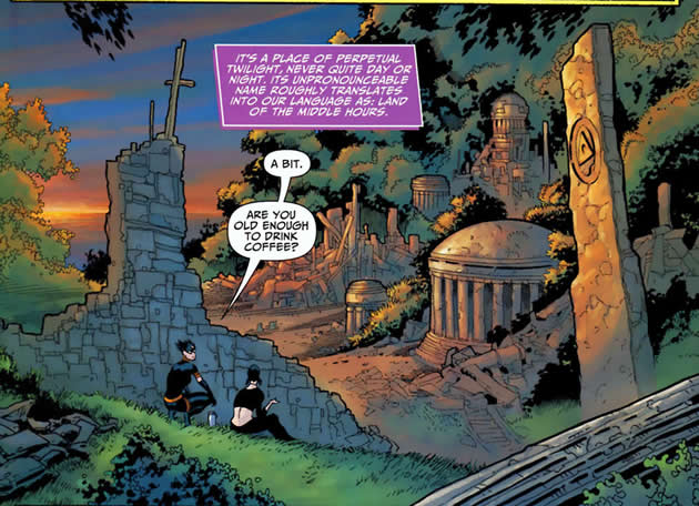 black alice and nightshade in a ruins at twilight