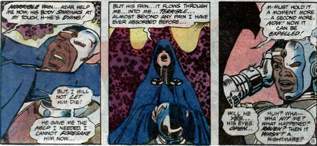 raven uses her healing powers on cyborg