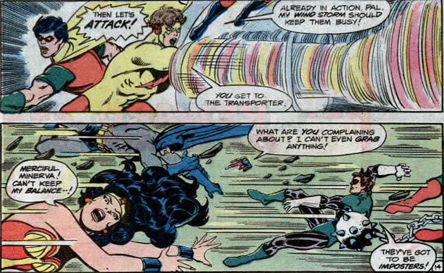 kid flash launches a tornado against the justice league