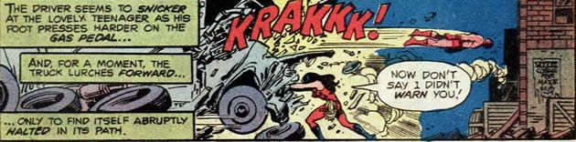 wonder girl stops a truck in full bore