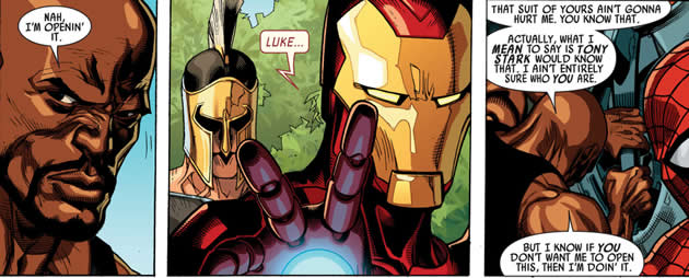 luke cage ignores tony stark and attempts to open a skrull ship