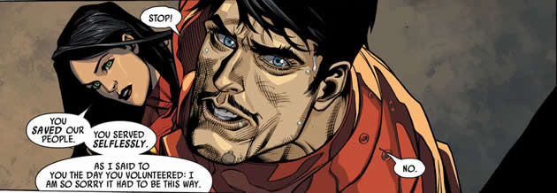 the skrull queen tries to convince tony stark that he's a skrull