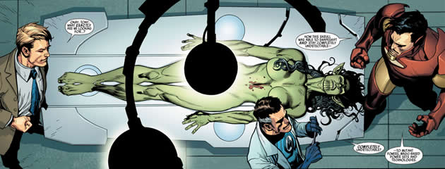 a skrull that impersonated electra lies on the operating table as reed richards, henry pym and tony stark look on